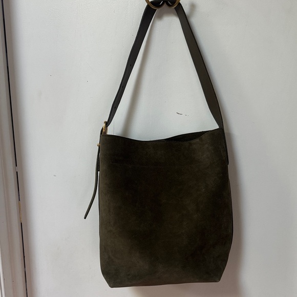 Madewell Essential Olive Green Suede Shoulder Bucket Tote Bag - Picture 3 of 12